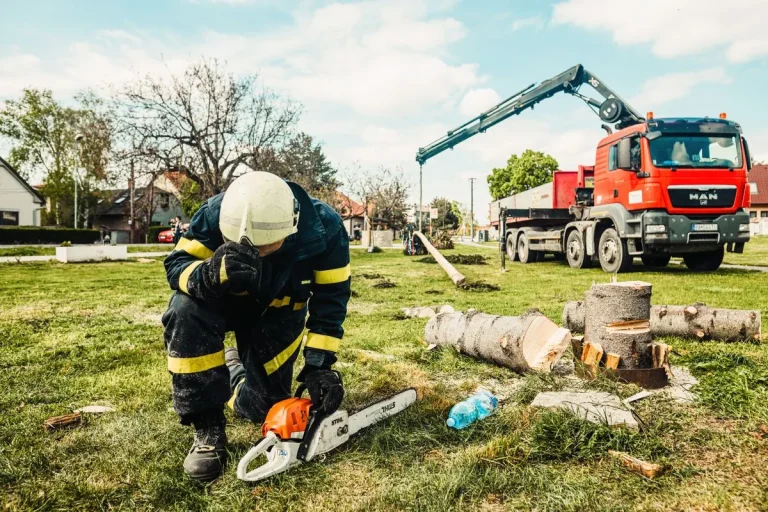 Lucrător cu echipament de protecție și drujbă lângă un camion cu macara